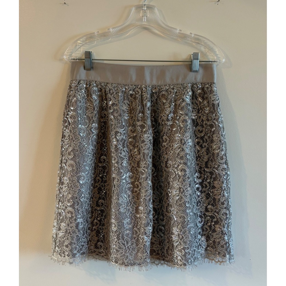 J.Crew Metallic Lace Skirt Taupe Grosgrain Waist A-Line Womens Size 8